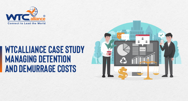 The visual features two business professionals analyzing data displayed on monitors with charts, graphs, and financial metrics—including pie charts, bar graphs, dollar symbols, and balance scales—illustrating cost management strategies in logistics operations.